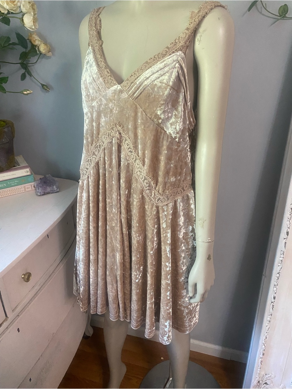 Rose gold champagne velvet lace dress